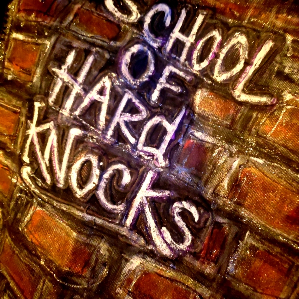 Vintage SCHOOL OF HARD KNOCKS BLACK JEAN JACKET SZXXXL. HAND PAINTED